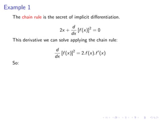 Example 1
The chain rule is the secret of implicit diﬀerentiation.
2x +
d
dx
[f (x)]2
= 0
This derivative we can solve applying the chain rule:
d
dx
[f (x)]2
= 2.f (x).f (x)
So:
 