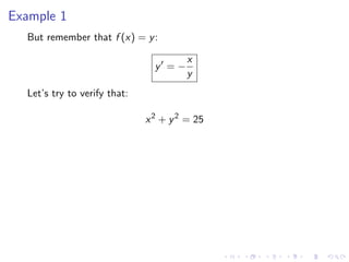 Example 1
But remember that f (x) = y:
y = −
x
y
Let’s try to verify that:
x2
+ y2
= 25
 