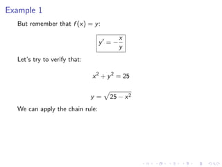 Example 1
But remember that f (x) = y:
y = −
x
y
Let’s try to verify that:
x2
+ y2
= 25
y = 25 − x2
We can apply the chain rule:
 