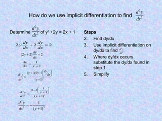 How do we use implicit differentiation to find  Determine  of y 2  +2y = 2x + 1 Steps Find dy/dx Use implicit differentiation on dy/dx to find  Where dy/dx occurs, substitute the dy/dx found in step 1 Simplify 