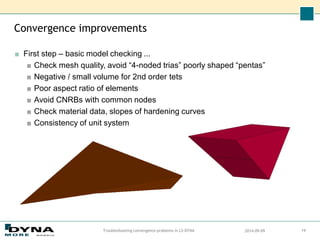 Convergence improvements
■ First step – basic model checking ...
■ Check mesh quality, avoid “4-noded trias” poorly shaped “pentas”
■ Negative / small volume for 2nd order tets
■ Poor aspect ratio of elements
■ Avoid CNRBs with common nodes
■ Check material data, slopes of hardening curves
■ Consistency of unit system
2014-09-09
Troubleshooting convergence problems in LS-DYNA 19
 