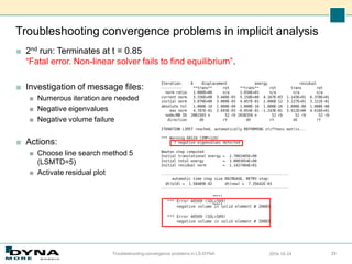 Troubleshooting convergence problems in implicit analysis
■ 2nd run: Terminates at t = 0.85
“Fatal error. Non-linear solver fails to find equilibrium”.
■ Investigation of message files:
■ Numerous iteration are needed
■ Negative eigenvalues
■ Negative volume failure
■ Actions:
■ Choose line search method 5
(LSMTD=5)
■ Activate residual plot
2016-10-24
Troubleshooting convergence problems in LS-DYNA 29
…..
…..
 