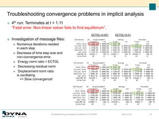Troubleshooting convergence problems in implicit analysis
■ 4th run: Terminates at t = 1.11
“Fatal error. Non-linear solver fails to find equilibrium”.
■ Investigation of message files:
■ Numerous iterations needed
in each step
■ Decrease of time step size and
non-convergence error.
■ Energy norm ratio < ECTOL
■ Decreasing residual norm
■ Displacement norm ratio
is oscillating
=> Slow convergence!
2016-10-24
Troubleshooting convergence problems in LS-DYNA 34
ECTOL=0.01
DCTOL=0.001
 