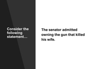 Consider the
following
statement…
The senator admitted
owning the gun that killed
his wife.
 