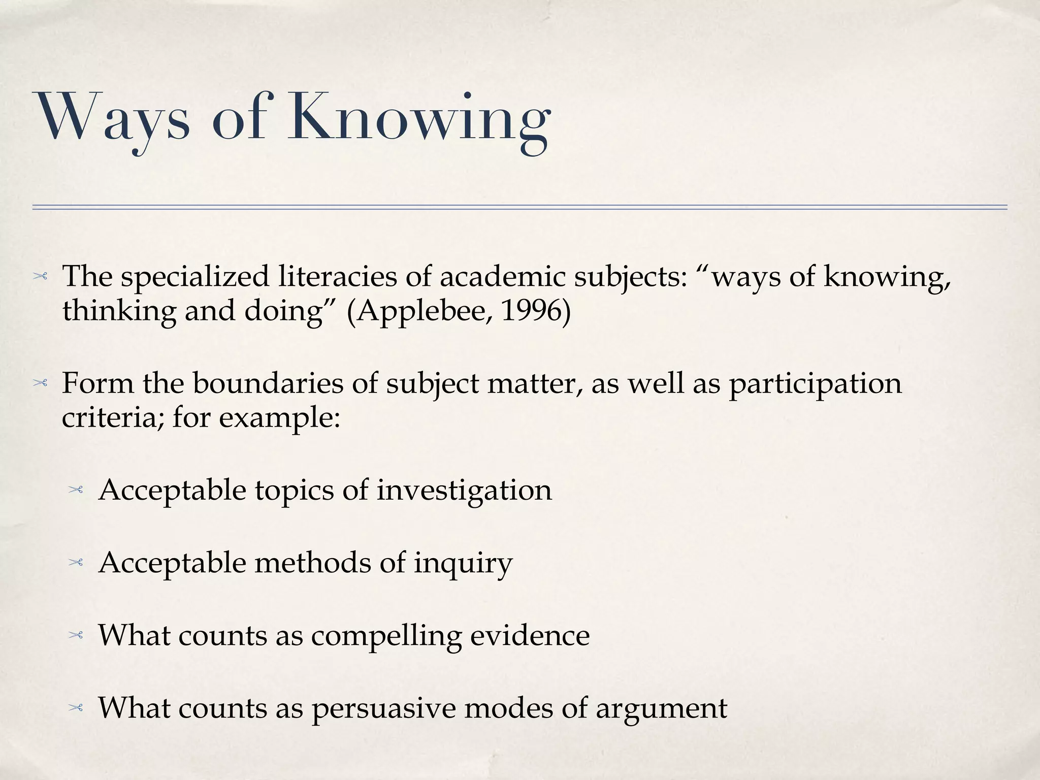 Ways of Knowing The specialized literacies of academic subjects: “ways of knowing, thinking and doing” (Applebee, 1996) Form the boundaries of subject matter, as well as participation criteria; for example: Acceptable topics of investigation Acceptable methods of inquiry What counts as compelling evidence What counts as persuasive modes of argument 