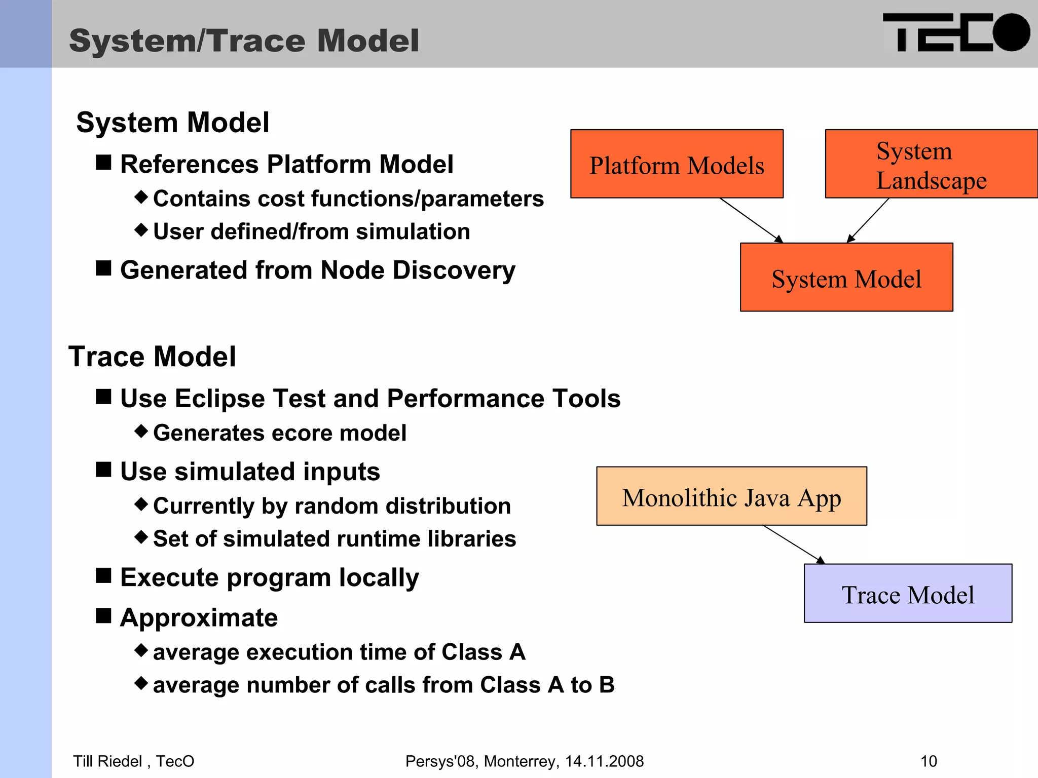 System/Trace Model System Model  References Platform Model System Platform Models Landscape  Contains cost functions/parameters  User defined/from simulation  Generated from Node Discovery System Model Trace Model  Use Eclipse Test and Performance Tools  Generates ecore model  Use simulated inputs  Currently by random distribution Monolithic Java App  Set of simulated runtime libraries  Execute program locally Trace Model  Approximate  average execution time of Class A  average number of calls from Class A to B Till Riedel , TecO Persys'08, Monterrey, 14.11.2008 10 