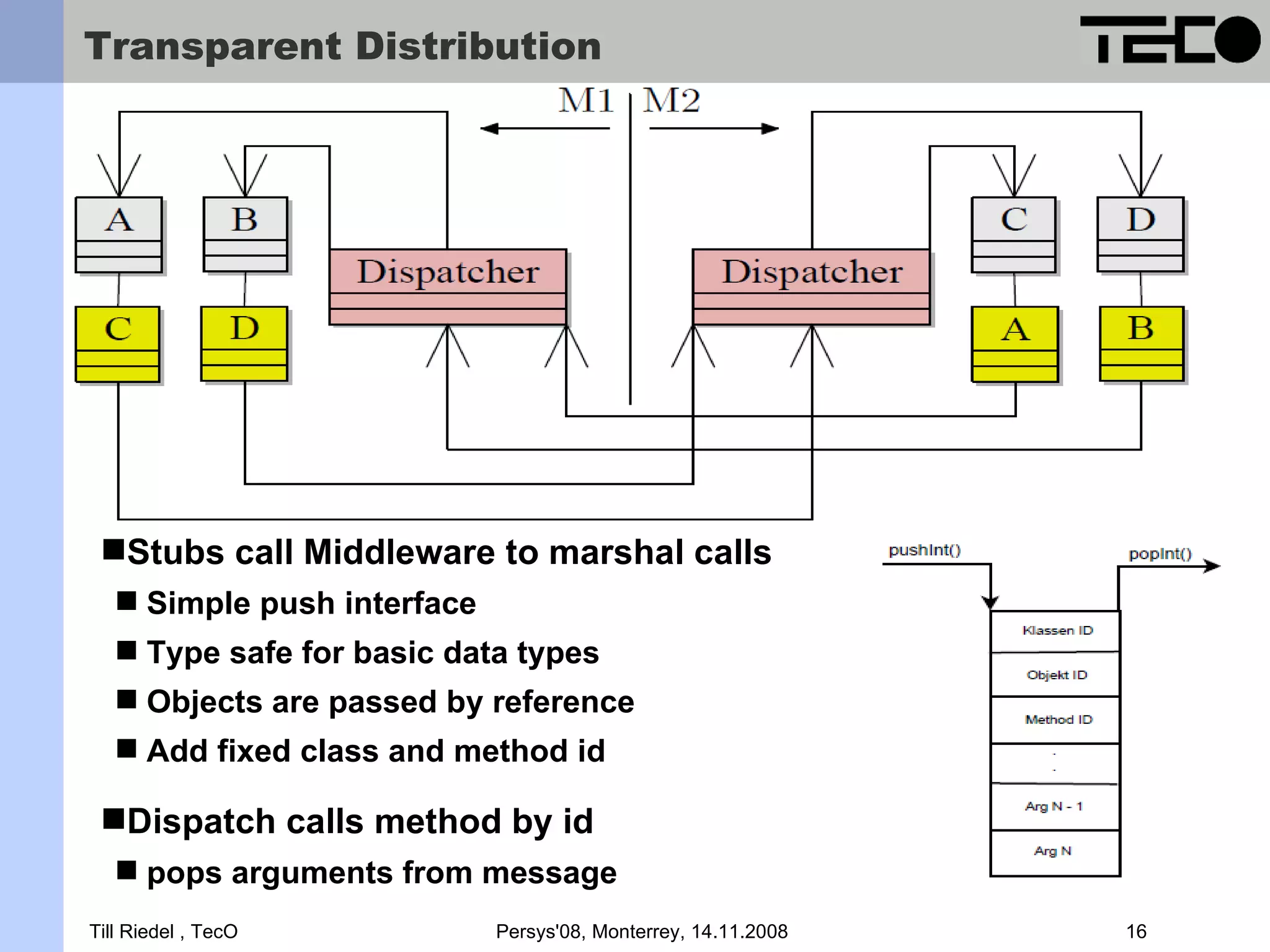 Transparent Distribution Stubs call Middleware to marshal calls  Simple push interface  Type safe for basic data types  Objects are passed by reference  Add fixed class and method id Dispatch calls method by id  pops arguments from message Till Riedel , TecO Persys'08, Monterrey, 14.11.2008 16 