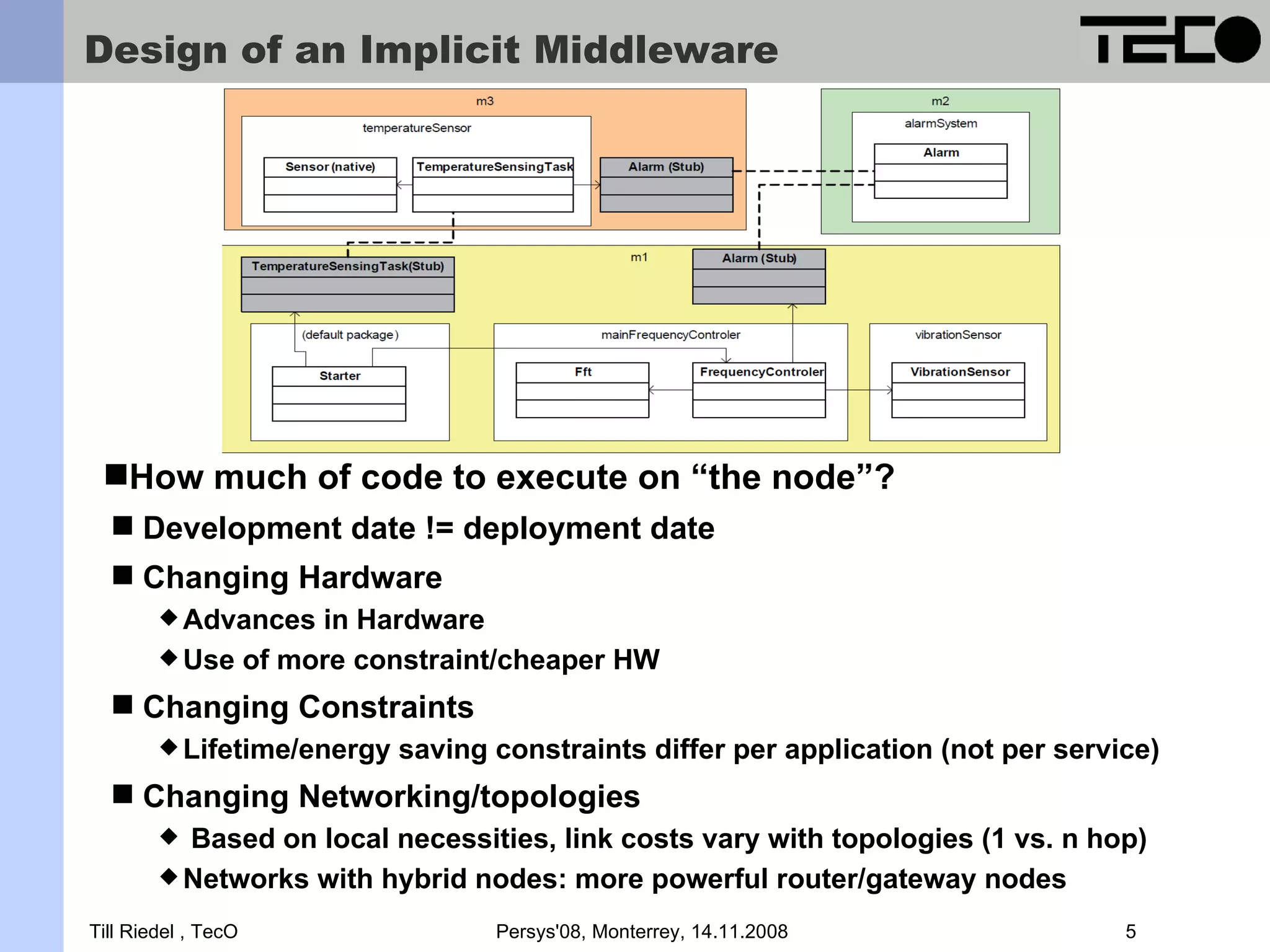 Design of an Implicit Middleware How much of code to execute on “the node”?  Development date != deployment date  Changing Hardware  Advances in Hardware  Use of more constraint/cheaper HW  Changing Constraints  Lifetime/energy saving constraints differ per application (not per service)  Changing Networking/topologies  Based on local necessities, link costs vary with topologies (1 vs. n hop)  Networks with hybrid nodes: more powerful router/gateway nodes Till Riedel , TecO Persys'08, Monterrey, 14.11.2008 5 