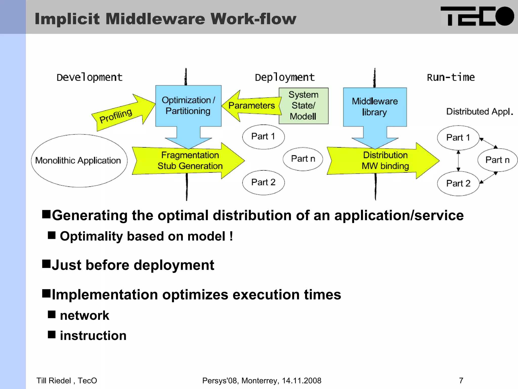 Implicit Middleware Work-flow Generating the optimal distribution of an application/service  Optimality based on model ! Just before deployment Implementation optimizes execution times  network  instruction Till Riedel , TecO Persys'08, Monterrey, 14.11.2008 7 