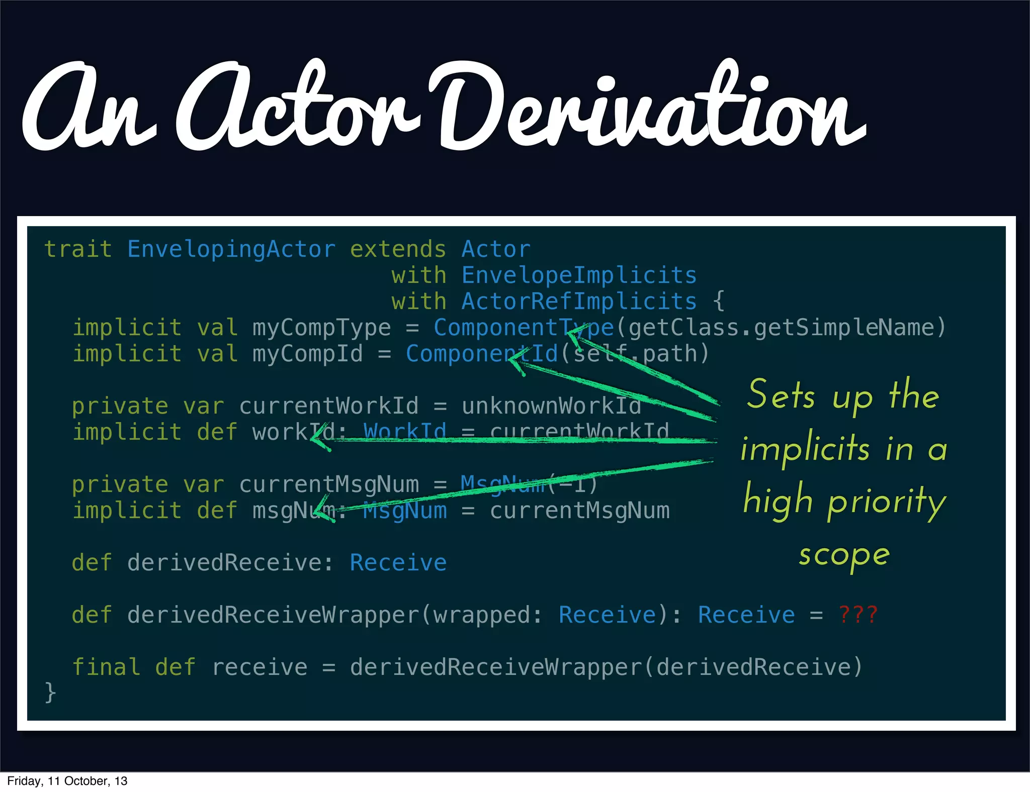 An Actor Derivation
trait EnvelopingActor extends Actor
with EnvelopeImplicits
with ActorRefImplicits {
implicit val myCompType = ComponentType(getClass.getSimpleName)
implicit val myCompId = ComponentId(self.path)
private var currentWorkId = unknownWorkId
implicit def workId: WorkId = currentWorkId
private var currentMsgNum = MsgNum(-1)
implicit def msgNum: MsgNum = currentMsgNum
def derivedReceive: Receive
def derivedReceiveWrapper(wrapped: Receive): Receive = ???
final def receive = derivedReceiveWrapper(derivedReceive)
}
Sets up the
implicits in a
high priority
scope
Friday, 11 October, 13
 