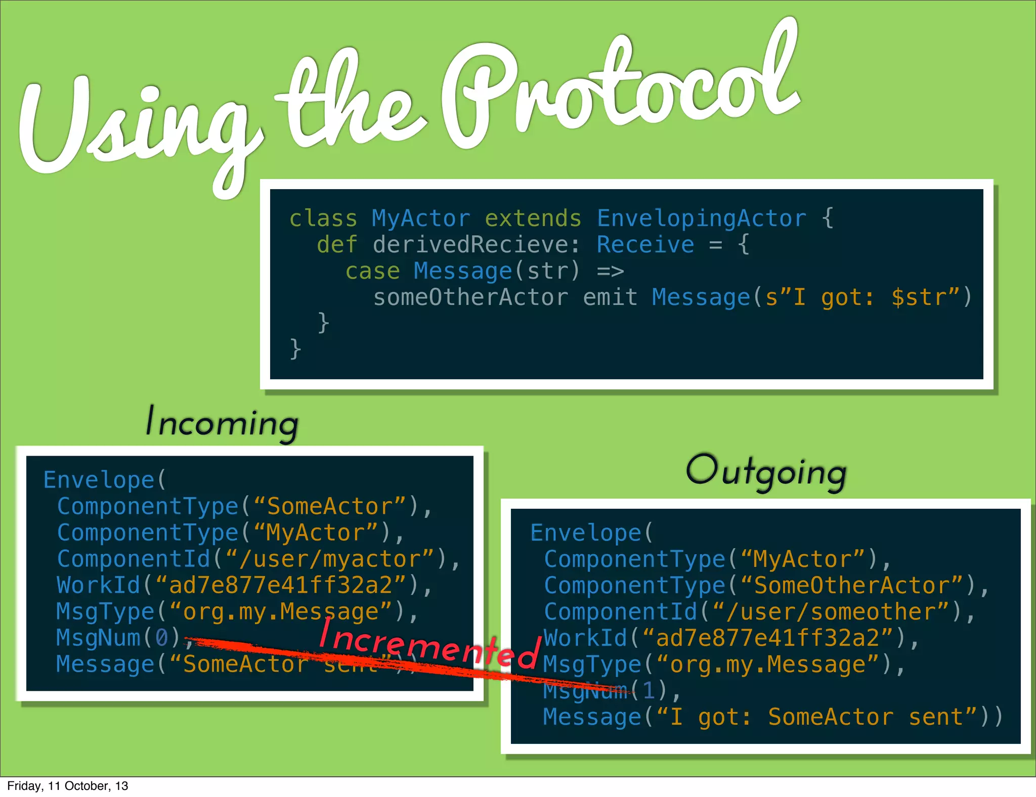 Using the Protocol
class MyActor extends EnvelopingActor {
def derivedRecieve: Receive = {
case Message(str) =>
someOtherActor emit Message(s”I got: $str”)
}
}
Envelope(
ComponentType(“SomeActor”),
ComponentType(“MyActor”),
ComponentId(“/user/myactor”),
WorkId(“ad7e877e41ff32a2”),
MsgType(“org.my.Message”),
MsgNum(0),
Message(“SomeActor sent”))
Incoming
Envelope(
ComponentType(“MyActor”),
ComponentType(“SomeOtherActor”),
ComponentId(“/user/someother”),
WorkId(“ad7e877e41ff32a2”),
MsgType(“org.my.Message”),
MsgNum(1),
Message(“I got: SomeActor sent”))
Outgoing
Incremented
Friday, 11 October, 13
 