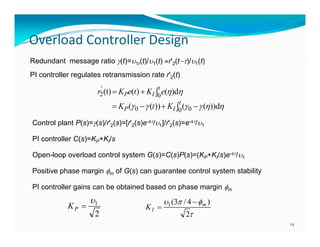 Overload Controller Design 
g
Redundant message ratio (t)=1r(t)/1(t) r'2(t)/1(t)
PI controller regulates retransmission rate r'2(t)
r
t

'
r2 (t)  KPe(t )  KI 0 e()d
t

 KP ( 0   (t ))  KI 0 ( 0   ())d
Control plant P(s)=(s)/r'2(s)=[r'2(s)e-s/1]/r'2(s)=e-s/1
PI controller C(s)=KP+KI/s
Open-loop overload control system G(s)=C(s)P(s)=(KP+KI/s)e-s/1
Positive phase margin m of G(s) can guarantee control system stability
PI controller gains can be obtained based on phase margin m

KP 

1
2

KI 

1 (3 / 4   m )
2
14

 