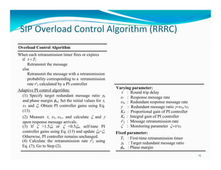 SIP Overload Control Algorithm (RRRC)
SIP Overload Control Algorithm (RRRC)
Overload Control Algorithm
When each retransmission timer fires or expires
if < 1
Retransmit the message
else
Retransmit the message with a retransmission
probability corresponding to a retransmission
rate r'2 calculated by a PI controller
Adaptive PI control algorithm:
(1) Specify target redundant message ratio
and phase margin m; Set the initial values for ,
and ; Obtain PI controller gains using Eq.
(13).
(2) Measure ,
and
r and calculate
upon response message arrivals.
>1.5
or
<0.5 , self-tune PI
(3) If
controller gains using Eq. (13) and update = ;
g
Otherwise, PI controller remains unchanged.
(4) Calculate the retransmission rate r'2 using
Eq. (7); Go to Step (2).

Varying parameter:
: Round trip delay
: Response message rate
1r : Redundant response message rate
: Redundant message ratio
1r/ 1
KP : Proportional gain of PI controller
KI : Integral gain of PI controller
r'2 : Message retransmission rate
: Monitoring parameter
/ 1
Fixed parameter:
T1 : First-time retransmission timer
: Target redundant message ratio
m : Phase margin
15

 