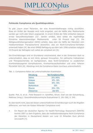 IMPLICONplus
                          – Gesundheitspolitische Analysen –




Fehlende Compliance als Qualitätsproblem

Es gibt „kaum einen Patienten, der eine Arzneimitteltherapie richtig durchführt.
Etwa ein Drittel der Rezepte wird nicht eingelöst, und die Hälfte aller Medikamente
werden gar nicht oder falsch angewandt. In einem Drittel der Fälle entstehen dadurch
ernste Gesundheitsschäden [2]“. Geisler schätzt, dass selbst die regelmäßige
Einnahme    lebensnotwendiger      Medikamente              unter   50   Prozent   liegt   [3].    Die
Weltgesundheitsorganisation (WHO) schätzt, dass über die Hälfte der Patienten vom
medikamentösen Therapieschema abweichen, also ein Nicht-Compliance-Verhalten
entwickelt haben [4]. Bei einer EMNID Befragung aus dem Jahr 1996 schätzten lediglich
33 Prozent der Befragten sich selbst als compliant ein [5].


Die Einschätzungen sind im Grundtenor erschreckend, aber in der Dimension doch so
unterschiedlich, dass es sich lohnt, genauer hinzusehen. Für zahlreiche Indikationen
und Therapieschemata ist nachgewiesen, dass Nicht-Compliance zu zusätzlichen
krankheitsbezogenen Komplikationen, Krankenhausaufenthalten und einer höheren
Mortalität führt [6]. Allerdings sind die Compliance-Raten durchaus unterschiedlich:


Tab. 1: Compliance-Raten bei unterschiedlichen Krankheiten
                        Erkrankung                Non-Compliance-Rate
                        Asthma                        20% (-80%)
                        Epilepsie                      30% - 50%
                        Diabetes                       40% - 50%
                        Bluthochdruck                     50%
                        Rheuma                         55% - 70%
                        Osteoporose                     über 50%

Quelle: Pirk, O. et al.: Field Research in: Schöffski, Oliver; Graf von der Schulenburg,
Matthias (Hrsg.): Gesundheitsökonomische Evaluationen S. 201-260, S. 245


Es überrascht nicht, dass bei diesen unterschiedlichen Einschätzungen auch die Angaben
differieren, wie hoch die Kosten fehlender Compliance sind:


•     Ein Report der deutschen Agentur für Health-Technology Assessment (DAHTA)
      kommt 2007 zu dem Ergebnis, dass die medikationsbezogene Nicht-Compliance
      der Patienten in Deutschland Kosten von rund 10 Milliarden Euro jährlich
      verursacht [7].




                                        albring & albring                            04 / 2011 - Seite 2
 