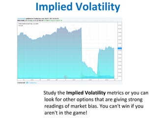 Implied Volatility
Study the Implied Volatility metrics or you can
look for other options that are giving strong
readings of market bias. You can't win if you
aren't in the game!
 
