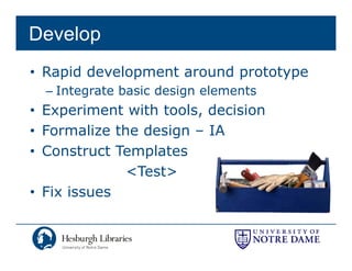 Develop
• Rapid development around prototype
  – Integrate basic design elements
• Experiment with tools, decision
• Formalize the design – IA
• Construct Templates
              <Test>
• Fi issues
  Fix i
 
