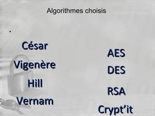 Algorithmes choisis
•
VigenèreVigenère
AESAES
VernamVernam
RSARSA
HillHill
DESDES
CésarCésar
Crypt’itCrypt’it
 
