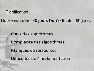 Planification
Choix des algorithmesChoix des algorithmes
Complexité des algorithmesComplexité des algorithmes
Difficultés de l’implémentationDifficultés de l’implémentation
Durée finale : 60 joursDurée finale : 60 joursDurée estimée : 30 joursDurée estimée : 30 jours
Manques de ressourcesManques de ressources
 