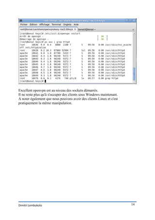 Excellent openvpn est au niveau des sockets démarrés.
Il ne reste plus qu'à s'occuper des clients sous Windows maintenant.
A noter également que nous pouvons avoir des clients Linux et c'est
pratiquement la même manipulation.




Dimitri Lembokolo                                                      14
 