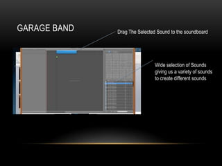 GARAGE BAND Drag The Selected Sound to the soundboard
Wide selection of Sounds
giving us a variety of sounds
to create different sounds
 