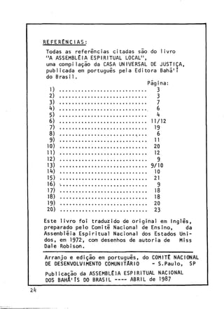 REFERENCIAS:
Todas as referências citadas sio do livro
"A ASSEMBLÉIA ESPIRITUAL LOCAL",
uma compilaçio da CASA UNIVERSAL DE JUSTIÇA,
publicada em português pela Editora Bahá'T
do Brasi1.
Página:

D

3

2)
3
3)
7
4)
6
5)
h
6)
11/12
7)
19
8)
,... 6
9)
11
10)
20
11)
12
12)
9
13)
9/10
14)
10
15)
21
16) ,
9
17)
18
18)
18
19)
20
20)
23
Este livro foi traduzido de original em Inglês,
preparado pelo Comitê Nacional de Ensino,
da
Assembléia Espiritual Nacional dos Estados Unidos, em 1972^, com desenhos de autoria de
Miss
Dale Robison.
Arranjo e ediçio em português, do COMITÊ NACIONAL
DE DESENVOLVIMENTO COMUNITÁRIO
- S.Paulo, SP
Publicação da ASSEMBLÉIA ESPIRITUAL NACIONAL
DOS BAHA'TS DO BRASIL
ABRIL de 1987

 