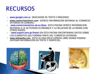 www.google.com.ar   (BUSCADOR DE TEXTO E IMÁGENES) www.comercioexterior.com   (OFRECE INFORMACION REFERIDA AL COMERCIO EXTERIOR EN GENERAL) www.comercioexterior.ub.es/fpais   (ESTA PAGINA OFRECE INFORMACION REFERIDA A LA ACTIVIDAD ECONOMICA Y LA RELACION DE LA MISMA CON OTROS PAISES) :  www.export.com.gt/Portal   (EN ESTA PAGINA ENCONTRARAS DATOS SOBRE LOS ELEMENTOS QUE FORMAN PARTE DEL COMERCIO EXTERIOR) www.wikipedia.com   (ESTA ES UNA ENCICLOPEDIA LIBRE DONDE PODRAS OBTENER INFORMACION EN TEXTO Y GRAFICOS). 