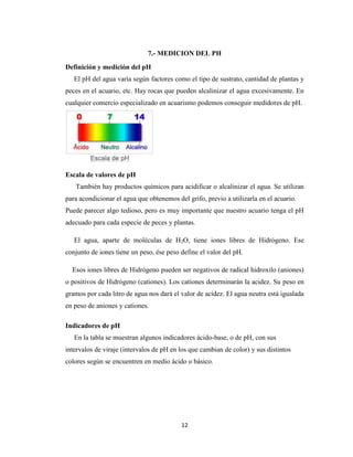 7.- MEDICION DEL PH
Definición y medición del pH
El pH del agua varía según factores como el tipo de sustrato, cantidad de plantas y
peces en el acuario, etc. Hay rocas que pueden alcalinizar el agua excesivamente. En
cualquier comercio especializado en acuarismo podemos conseguir medidores de pH.

Escala de valores de pH
También hay productos químicos para acidificar o alcalinizar el agua. Se utilizan
para acondicionar el agua que obtenemos del grifo, previo a utilizarla en el acuario.
Puede parecer algo tedioso, pero es muy importante que nuestro acuario tenga el pH
adecuado para cada especie de peces y plantas.
El agua, aparte de moléculas de H2O, tiene iones libres de Hidrógeno. Ese
conjunto de iones tiene un peso, ése peso define el valor del pH.
Esos iones libres de Hidrógeno pueden ser negativos de radical hidroxilo (aniones)
o positivos de Hidrógeno (cationes). Los cationes determinarán la acidez. Su peso en
gramos por cada litro de agua nos dará el valor de acidez. El agua neutra está igualada
en peso de aniones y cationes.
Indicadores de pH
En la tabla se muestran algunos indicadores ácido-base, o de pH, con sus
intervalos de viraje (intervalos de pH en los que cambian de color) y sus distintos
colores según se encuentren en medio ácido o básico.

12

 