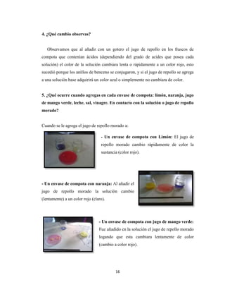 4. ¿Qué cambio observas?

Observamos que al añadir con un gotero el jugo de repollo en los frascos de
compota que contenían ácidos (dependiendo del grado de acides que posea cada
solución) el color de la solución cambiara lenta o rápidamente a un color rojo, esto
sucedió porque los anillos de benceno se conjugaron, y si el jugo de repollo se agrega
a una solución base adquirirá un color azul o simplemente no cambiara de color.

5. ¿Qué ocurre cuando agregas en cada envase de compota: limón, naranja, jugo
de mango verde, leche, sal, vinagre. En contacto con la solución o jugo de repollo
morado?

Cuando se le agrega el jugo de repollo morado a:
- Un envase de compota con Limón: El jugo de
repollo morado cambio rápidamente de color la
sustancia (color rojo).

- Un envase de compota con naranja: Al añadir el
jugo de repollo morado la solución cambio
(lentamente) a un color rojo (claro).

- Un envase de compota con jugo de mango verde:
Fue añadido en la solución el jugo de repollo morado
logando que esta cambiara lentamente de color
(cambio a color rojo).

16

 