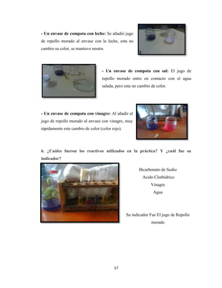 - Un envase de compota con leche: Se añadió jugo
de repollo morado al envase con la leche, esta no
cambio su color, se mantuvo neutra.

- Un envase de compota con sal: El jugo de
repollo morado entro en contacto con el agua
salada, pero esta no cambio de color.

- Un envase de compota con vinagre: Al añadir el
jugo de repollo morado al envase con vinagre, muy
rápidamente este cambio de color (color rojo).

6. ¿Cuáles fueron los reactivos utilizados en la práctica? Y ¿cuál fue su
indicador?
Bicarbonato de Sodio
Acido Clorhídrico
Vinagre
Agua

Su indicador Fue El jugo de Repollo
morado

17

 