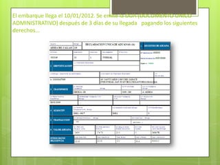 El embarque llega el 10/01/2012. Se emite la DUA (DOCUMENTO UNICO
ADMINISTRATIVO) después de 3 días de su llegada pagando los siguientes
derechos…
 