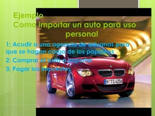 Ejemplo
  Como importar un auto para uso
              personal
1: Acudir a una agencia de aduanas para
que se hagan cargo de los papeleos
2: Comprar el auto a importar
3: Pagar los impuestos.-
 