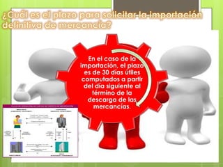 En el caso de la
importación, el plazo
  es de 30 días útiles
 computados a partir
  del día siguiente al
     término de la
   descarga de las
      mercancías.
 