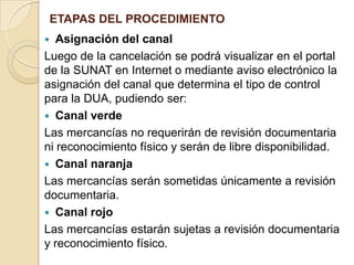 ETAPAS DEL PROCEDIMIENTO

Asignación del canal
Luego de la cancelación se podrá visualizar en el portal
de la SUNAT en Internet o mediante aviso electrónico la
asignación del canal que determina el tipo de control
para la DUA, pudiendo ser:
 Canal verde
Las mercancías no requerirán de revisión documentaria
ni reconocimiento físico y serán de libre disponibilidad.
 Canal naranja
Las mercancías serán sometidas únicamente a revisión
documentaria.
 Canal rojo
Las mercancías estarán sujetas a revisión documentaria
y reconocimiento físico.


 