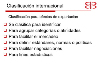 Se clasifica para identificar Para agrupar categorías o afinidades Para facilitar el mercadeo Para definir estándares, normas o políticas Para facilitar negociaciones Para fines estadísticos Clasificación para efectos de exportación Clasificación internacional 