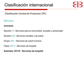 Estructura     Jerarquía   Sección:  9  - Servicios para la comunidad, sociales y personales  División:  93  - Servicios sociales y de salud  Grupo:  931  - Servicios de salud humana  Clase:  9311  - Servicios de hospital  Subclase: 93110 - Servicios de hospital Clasificación Central de Productos CPC Clasificación internacional 