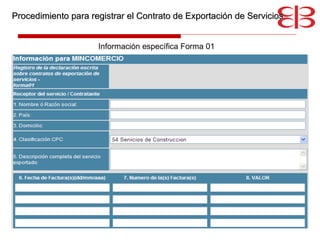 Procedimiento para registrar el Contrato de Exportación de Servicios Información específica Forma 01 