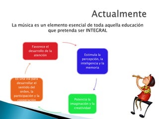 La música es un elemento esencial de toda aquella educación
                que pretenda ser INTEGRAL


            Favorece el
          desarrollo de la
             atención                 Estimula la
                                    percepción, la
                                   inteligencia y la
                                       memoria


 Es una vía para
  desarrollar el
   sentido del
    orden, la
participación y la
  cooperación                  Potencia la
                             imaginación y la
                               creatividad
 