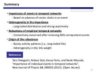 Summary

 • Importance of events in temporal networks
     - Based on advance of vector clocks in an event
 • Heterogeneit...