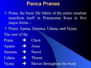 Panca Pranas
 Prana, the basic life fabric of the entire creation
manifests itself in Pranayama Kosa in five
major forms –
 Prana, Apana, Samana, Udana, and Vyana
The seat of the
Prana  Chest
Apana  Anus
Samana  Navel
Udana  Throat
Vyana  Moves throughout the body
 