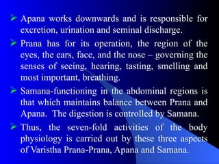  Apana works downwards and is responsible for
excretion, urination and seminal discharge.
 Prana has for its operation, the region of the
eyes, the ears, face, and the nose – governing the
senses of seeing, hearing, tasting, smelling and
most important, breathing.
 Samana-functioning in the abdominal regions is
that which maintains balance between Prana and
Apana. The digestion is controlled by Samana.
 Thus, the seven-fold activities of the body
physiology is carried out by these three aspects
of Varistha Prana-Prana, Apana and Samana.
 