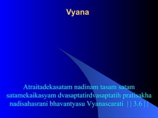 Vyana
Atraitadekasatam nadinam tasam satam
satamekaikasyam dvasaptatirdvasaptatih pratisakha
nadisahasrani bhavantyasu Vyanascarati | | 3.6 | |
 
