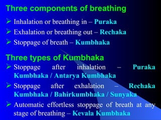 Three components of breathing
 Inhalation or breathing in – Puraka
 Exhalation or breathing out – Rechaka
 Stoppage of breath – Kumbhaka
Three types of Kumbhaka
 Stoppage after inhalation – Puraka
Kumbhaka / Antarya Kumbhaka
 Stoppage after exhalation – Rechaka
Kumbhaka / Bahirkumbhaka / Sunyaka
 Automatic effortless stoppage of breath at any
stage of breathing – Kevala Kumbhaka
 