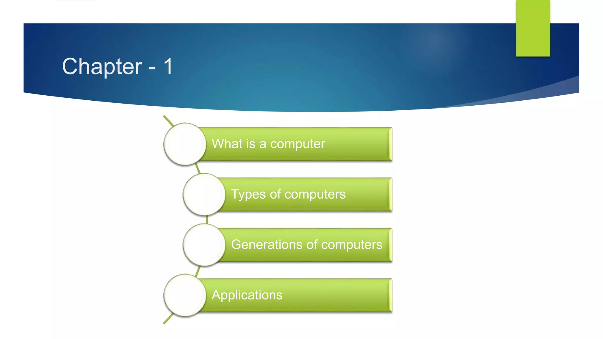 Chapter - 1
What is a computer
Types of computers
Generations of computers
Applications
 