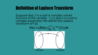 Definition of Laplace Transform
Suppose that, f is a real or complex valued
function of the variable t > 0 and s is a real or
complex parameter.We define the Laplace
transform of f as
F(s) = L{f(t)} = 𝟎
∞
𝒆−𝒔𝒕
𝒇(𝒕)𝒅𝒕
{ ( )}f tL =F(s)
t domain s domain
 