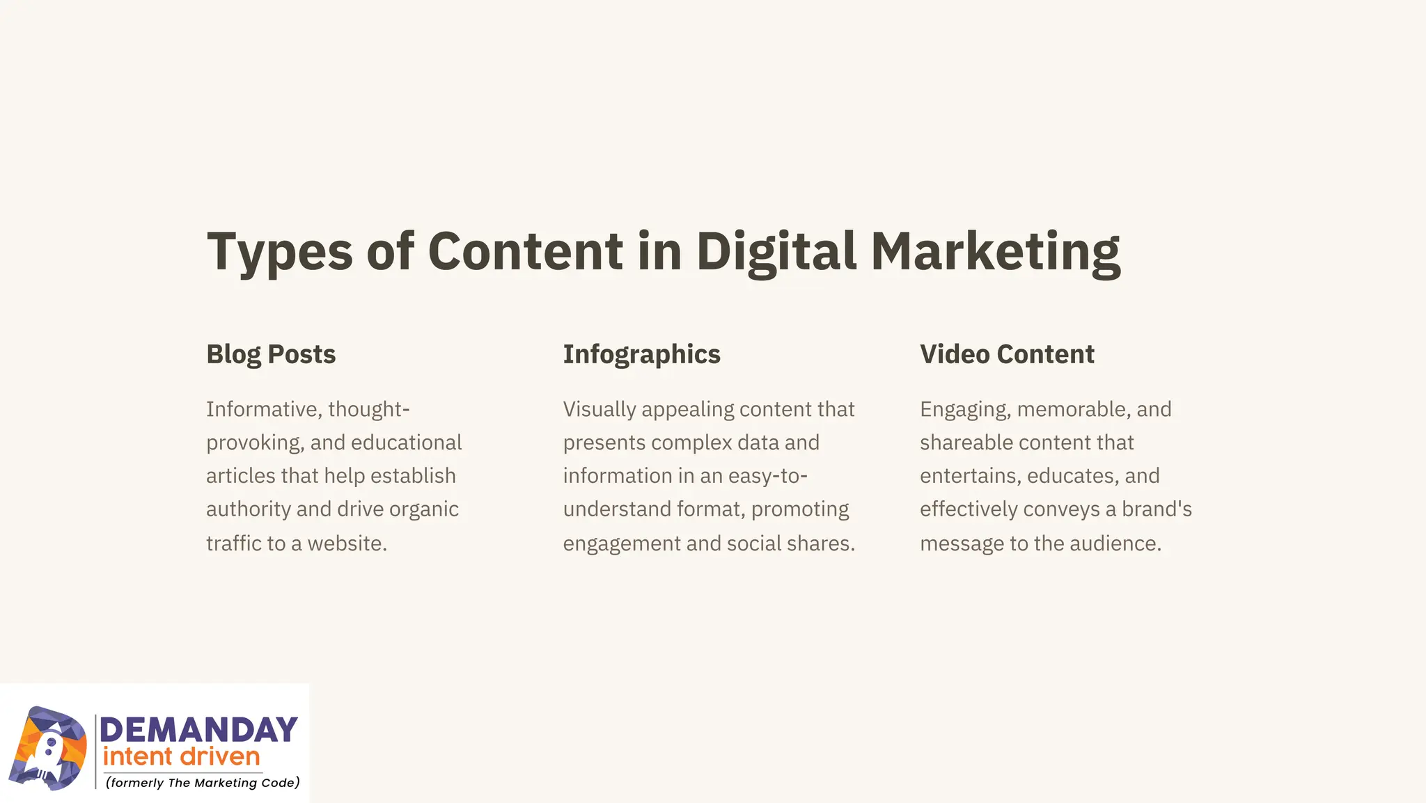Types of Content in Digital Marketing
Blog Posts Infographics Video Content
Informative, thought-
provoking, and educational
articles that help establish
authority and drive organic
traffic to a website.
Visually appealing content that
presents complex data and
information in an easy-to-
understand format, promoting
engagement and social shares.
Engaging, memorable, and
shareable content that
entertains, educates, and
effectively conveys a brand's
message to the audience.
 