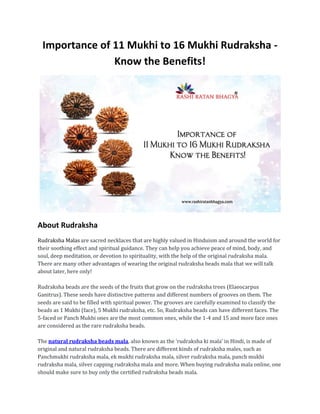 Importance of 11 Mukhi to 16 Mukhi Rudraksha -
Know the Benefits!
About Rudraksha
Rudraksha Malas are sacred necklaces that are highly valued in Hinduism and around the world for
their soothing effect and spiritual guidance. They can help you achieve peace of mind, body, and
soul, deep meditation, or devotion to spirituality, with the help of the original rudraksha mala.
There are many other advantages of wearing the original rudraksha beads mala that we will talk
about later, here only!
Rudraksha beads are the seeds of the fruits that grow on the rudraksha trees (Elaeocarpus
Ganitrus). These seeds have distinctive patterns and different numbers of grooves on them. The
seeds are said to be filled with spiritual power. The grooves are carefully examined to classify the
beads as 1 Mukhi (face), 5 Mukhi rudraksha, etc. So, Rudraksha beads can have different faces. The
5-faced or Panch Mukhi ones are the most common ones, while the 1-4 and 15 and more face ones
are considered as the rare rudraksha beads.
The natural rudraksha beads mala, also known as the ‘rudraksha ki mala’ in Hindi, is made of
original and natural rudraksha beads. There are different kinds of rudraksha males, such as
Panchmukhi rudraksha mala, ek mukhi rudraksha mala, silver rudraksha mala, panch mukhi
rudraksha mala, silver capping rudraksha mala and more. When buying rudraksha mala online, one
should make sure to buy only the certified rudraksha beads mala.
 