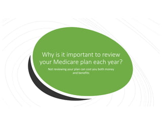 Why is it important to review
your Medicare plan each year?
Not reviewing your plan can cost you both money
and benefits
 