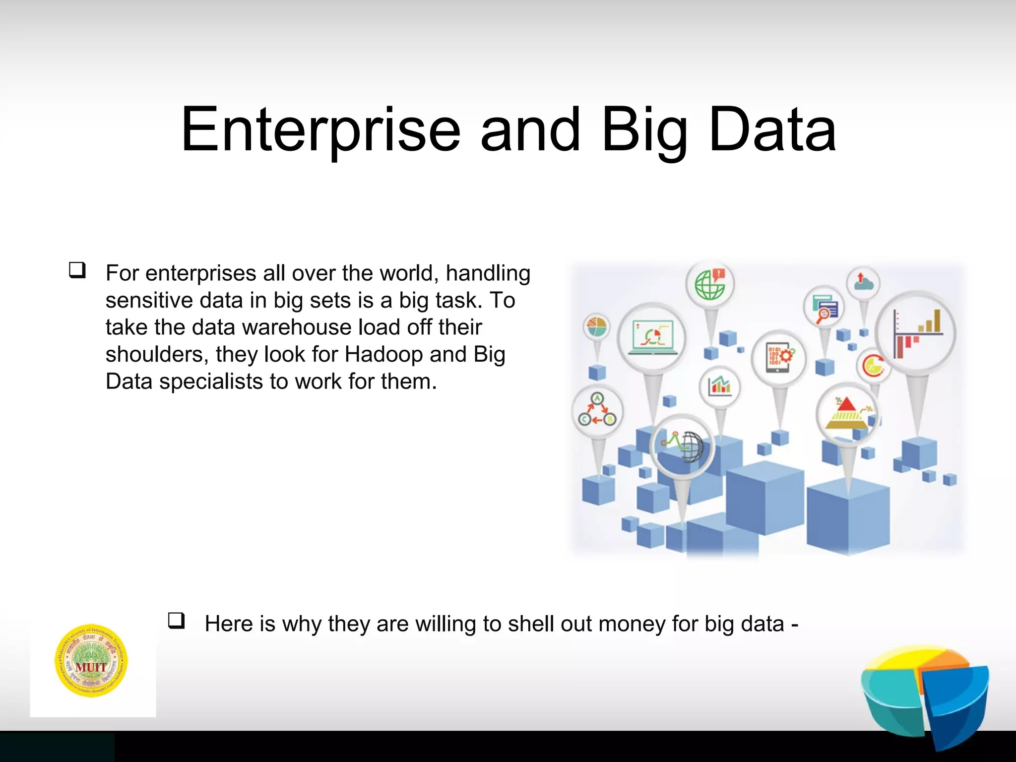 Enterprise and Big Data
 For enterprises all over the world, handling
sensitive data in big sets is a big task. To
take the data warehouse load off their
shoulders, they look for Hadoop and Big
Data specialists to work for them.
 Here is why they are willing to shell out money for big data -
 