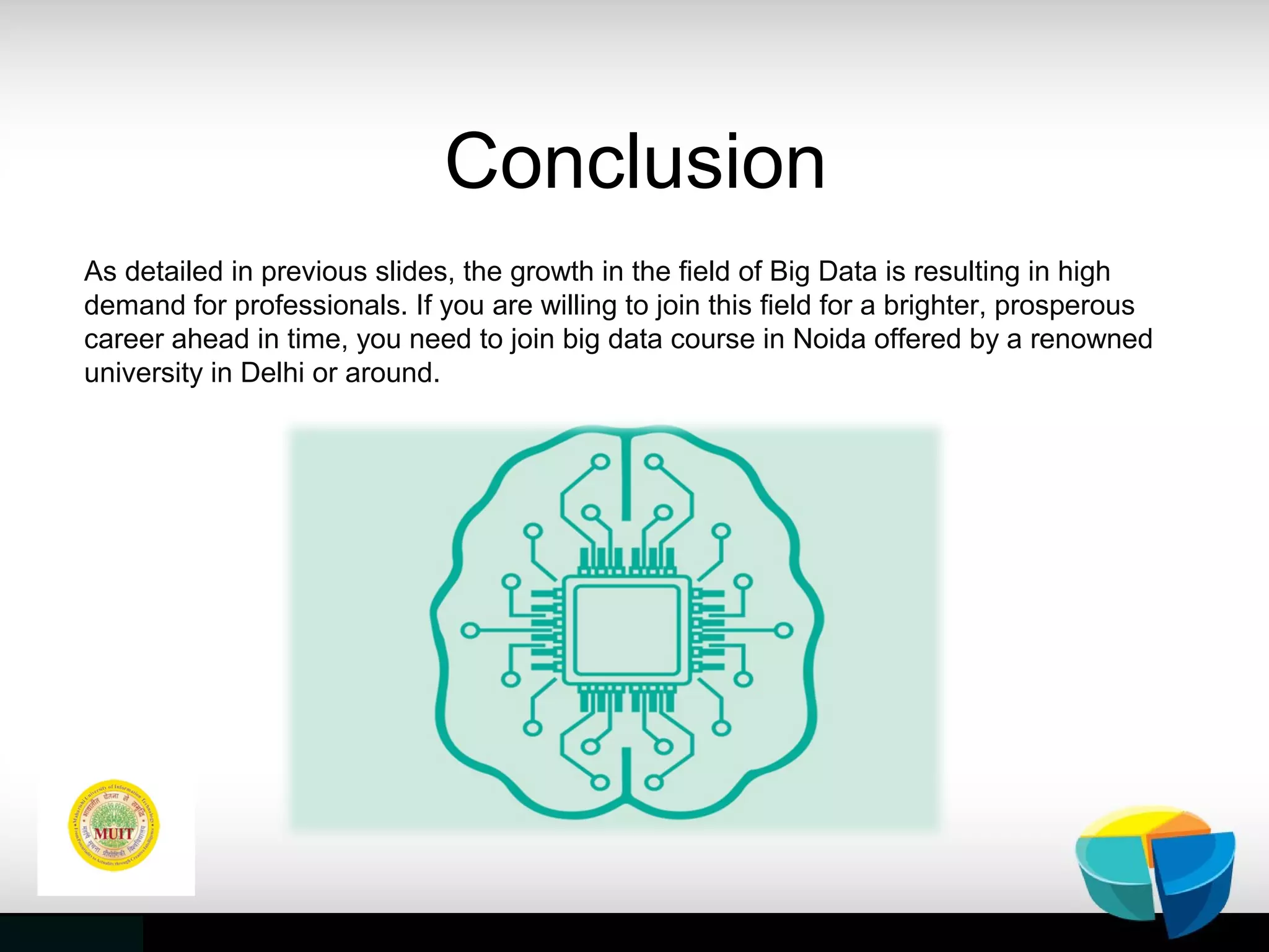 Conclusion
As detailed in previous slides, the growth in the field of Big Data is resulting in high
demand for professionals. If you are willing to join this field for a brighter, prosperous
career ahead in time, you need to join big data course in Noida offered by a renowned
university in Delhi or around.
 