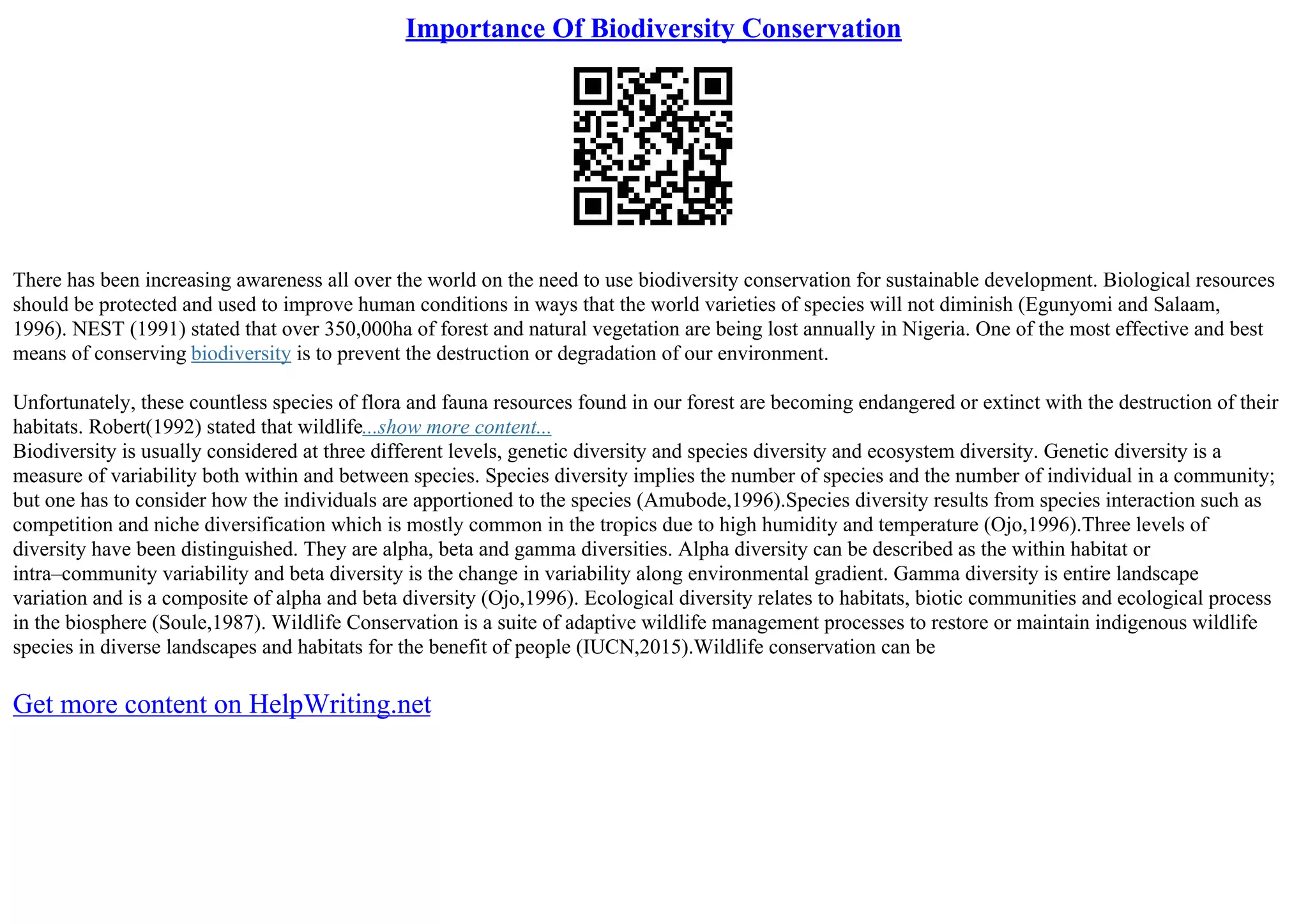 Importance Of Biodiversity Conservation | PDF